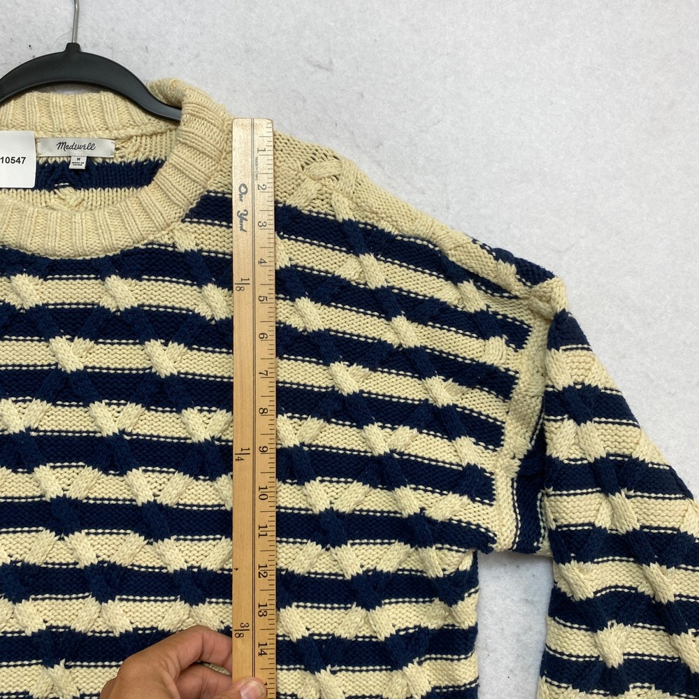 Madewell Sweater Womens Medium Navy Blue Cream Striped Cable Knit CottonCKP480 - Picture 2 of 9